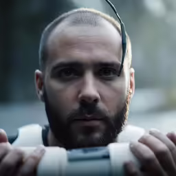 a man with a goatee is staring into the camera
