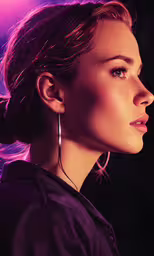 a girl with ponytails and hoop earrings looking to her left,a woman with long, shiny earring and a ponytail