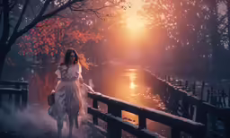 a woman is walking across the bridge by the river in the winter
