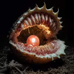 two oranges in the middle of dirt and some one with a candle