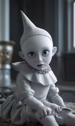 a white doll sitting on the ground next to a cat