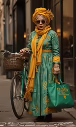 the old woman is standing next to her bike