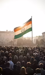 a flag on the flag pole in front of a crowd