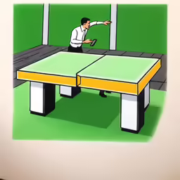 a person at a ping pong table holding up his arm