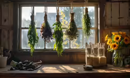 many hanging plants inside of a room next to windows