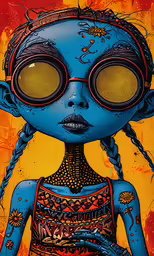 a close up of a person in a dress and large glasses