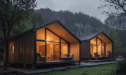 a couple of cabins sitting next to each other in the forest