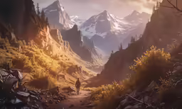 a man walks along a trail in front of snow covered mountains