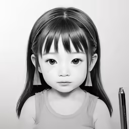 a little girl is holding a pen and a pencil