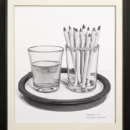 pencils sit on the table next to a cup of water