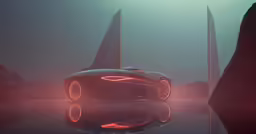 a futuristic vehicle sitting in the middle of water with some sailboats in the background