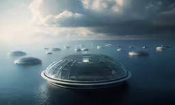 a small round building on the ocean near many icebergs