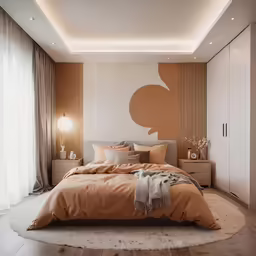 an orange bed in the middle of a room