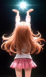 an anime girl with her arms up in the air