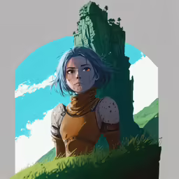 a woman with blue hair stands in front of an enormous tree