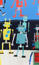 three robots made out of cut outs sit on a table