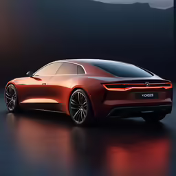 an orange sports car sits on the dark surface