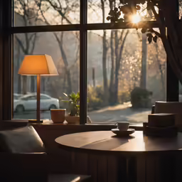 a table with a cup on it and a lamp in the corner of the room