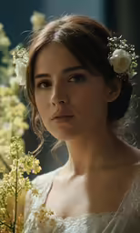 a woman in a gown holding flowers in her hair