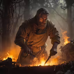 a man with a knife is standing next to a fire