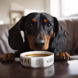 a black and brown dog next to a bowl of food