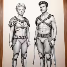 an advertisement with a couple in roman garb