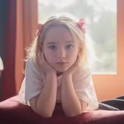the young girl has pink bows on her hair
