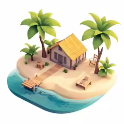 a small island with a hut and benches