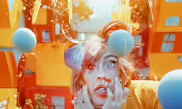 a woman with blue eyes and large, orange hair with balloons flying above her