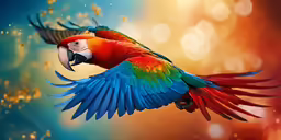 a colorful bird flying over a city with the sun behind it