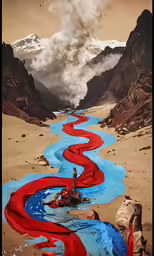 a painting of two people riding their horse down a river