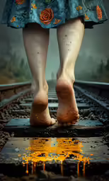 the legs and ankles of a woman walking on railroad tracks