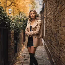 a woman is wearing boots, black dress and tan coat
