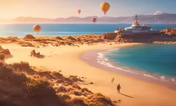 a man walking on top of a sandy beach near water,hot air balloons flying over a sandy beach next to the ocean