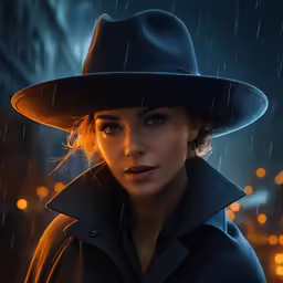 a woman wearing a hat with rain falling down on her head