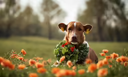 a dog in the middle of a field with flowers