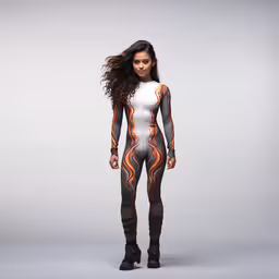 woman in futuristic costume standing on a gray background,a woman is standing with her hair back and one leg extended