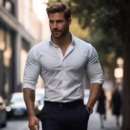 a man is standing on the street with his hand in his pockets