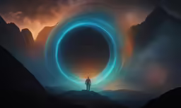 a person standing on a mountain looking at a giant object in the sky