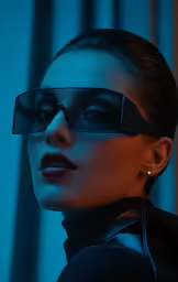 the woman has black makeup on her face and wears black sunglasses