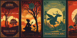 four poster styles for the wizard in the woods,four posters showing various different scenes