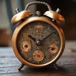 an antique alarm clock with copper dials and hand - dials