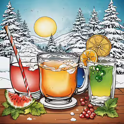 various types of cold drinks on wooden table in snow,an image of cocktails on a snowy day