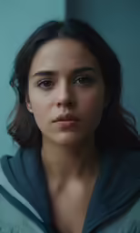 a woman with the hood up looking to the side
