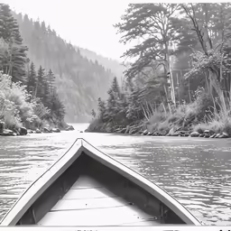 the bow of a boat traveling down a mountain river
