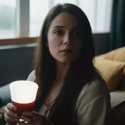 a girl sitting at a table holding a red cup