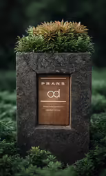 this square planter has an orange box containing a pine tree