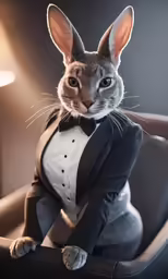 an animal wearing a tuxedo sits in a chair