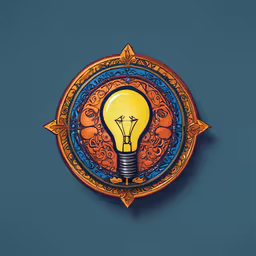 a painting of a light bulb above an ornamental motif in a blue background,an ornate picture with a light bulb inside