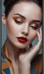 an attractive woman with red lips on her phone